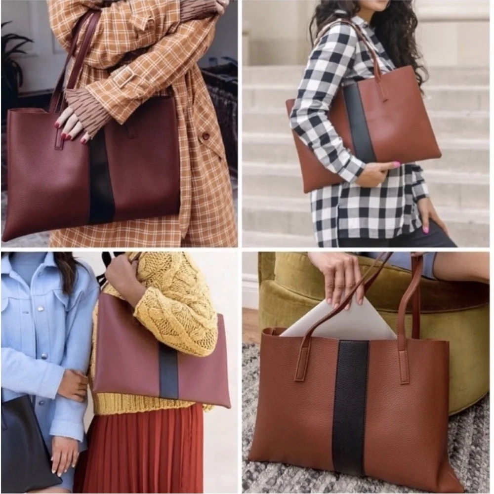 Vince Camuto Luck Tote Shoulder Bag Laptop Tablet Dark Cognac Brown w/ Black